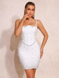 Sexy Backless Spaghetti Strap White Sleeveless Bodycon Bandage Dress Women Elegant Prom Gown Club Party Birthday Dresses