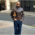 Fashion Women's Cropped Jacket Coat Faux Leather Stand Collar Long Sleeve Biker Style PU Leather Coats Streetwear Outerwear Top