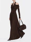 Elegant Women Folds Solid Slim Maxi Dresses Women Halter Neck Long Sleeve High Waist Long Dress Female Party Prom Gowns