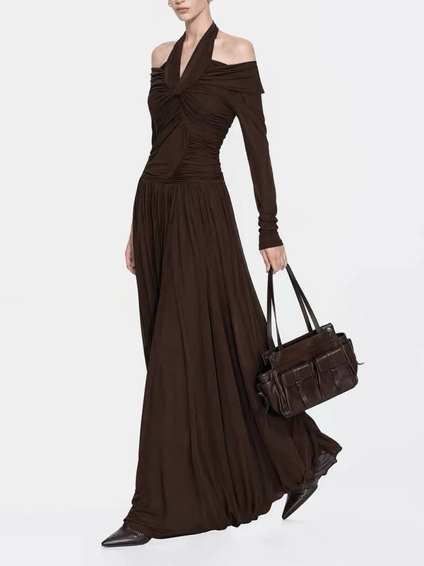 Elegant Women Folds Solid Slim Maxi Dresses Women Halter Neck Long Sleeve High Waist Long Dress Female Party Prom Gowns