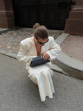 Women 2026 Spring Summer Blazer Two Piece Deep V Neck Peplum Waist Button Top Mermaid Long Skirt Commute Matching Set