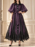 Spotted Print Shirt Maxi Dress for Women Puff Sleeve Point Collar Self Tie Sash Waistband Lace Hem Patchwork Mesh Overlay