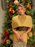 Women Gold Sparkle Capelet Top Elegant Shiny Tweed Shoulder Wrap Turtleneck Short Cloak 2026 Spring Lady Evening Party Outfit