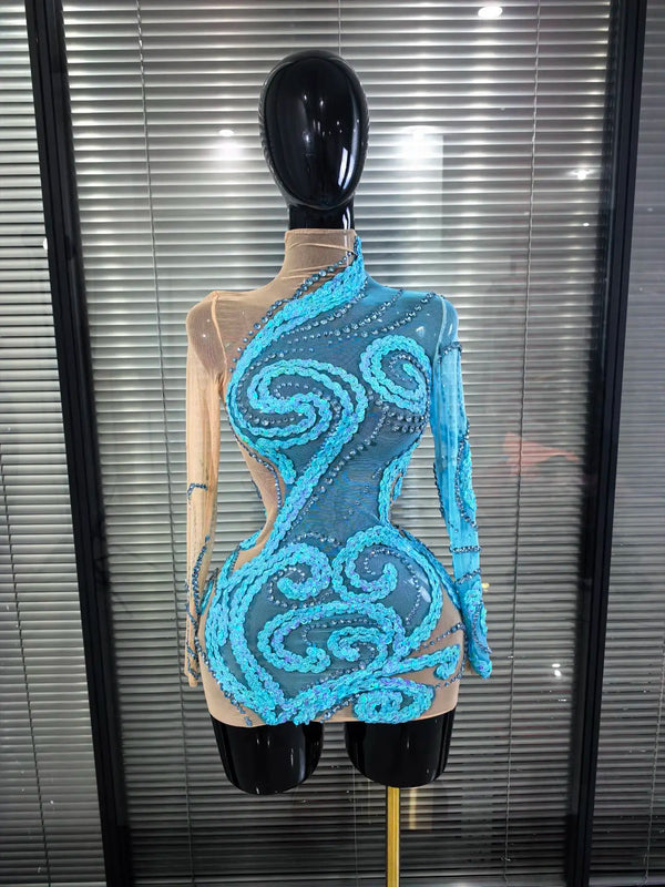 Skyblue Women Long Sleeve Shining Sequins Mesh See Through Bodycon Mini Dress Nightclub Bar Singer Celebrate Performance Costume
