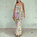 Summer Beach Floral Printing Dress for Women Strapless Sleeveless Spliced Folds Tiered Long Dresses Female Clothing