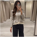 Spliced Lace Hem Jacket Elegant Long Sleeve V-neck Waisted Contrast Lace Bottom Design Casual Coat Autumn Fashion Retro Jackets
