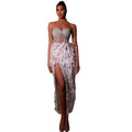 Women's Luxury Feather Rhinestone Beaded Glam Sheer High Slit Tube Top Dress Fashion Hot Birthday Party Banquet Performance Gown