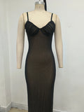 Sexy Maxi Dress Black Women's Diamond See Spaghetti strap Mesh Through Bodycon Long Dress Nightclub Party Evening Gowns