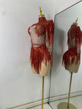 Women Sexy Long Sleeve Spandex Beading Tassels Skiny Bodysuit Performance Dance Costume Nightclub Party Outfit