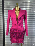 Handmake Women Long Sleeve Golden Beading Deep V-Neck Bodycon Mini Dress Celebrate Birthday Photo Shoot Performance Costume