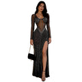 Luxury Bodycon See Through Mesh Diamonds Elegant Long Party Dress for Women Hot Drilling Sexy Wedding Evening Club Dress