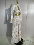 Women Long Sleeve Evening Party Club Bar Birthday Celebrity Gowns Sexy White Lace High Neck Hollow Out Design Bodycon Long Dress