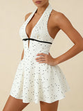 Polka Dot Halter Mini Dress for Women Sleeveless Bow Accent Waist Pleated Bodice Flared Skirt for Fashion Parties