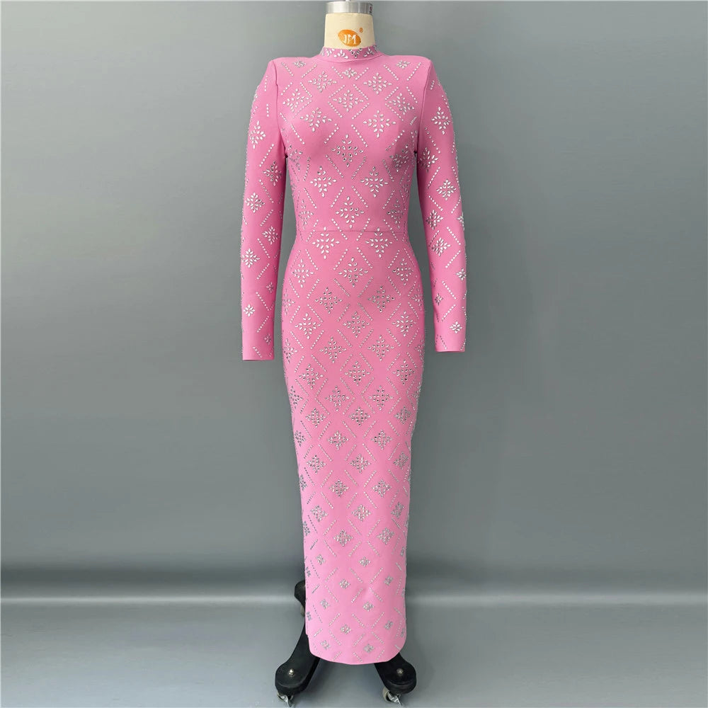 Sparkly Diamond Women Long Sleeve Sexy Bodycon Long Bandage Dress Evening Party Elegant Red Carpet Birthday Fashion Outfi