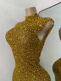Gold Party Evening Short Dress Sparkly Diamonds Luxury Elegant Mesh See Throught Cocktail Birthday Clothing Night Club Show Wear