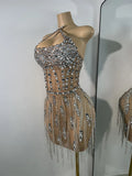 Luxury Crystals Diamonds Evening Party Dress Women Sexy Halter See Through Mesh Birthday Gowns Nightclub Singer Stage Wear