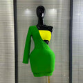Women Sexy Dress One Shoulder Color Block Long Sleeve Bodycon Celebrity Club Birthday Evening Party Dress