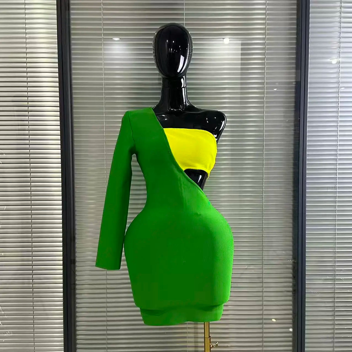 Women Sexy Dress One Shoulder Color Block Long Sleeve Bodycon Celebrity Club Birthday Evening Party Dress
