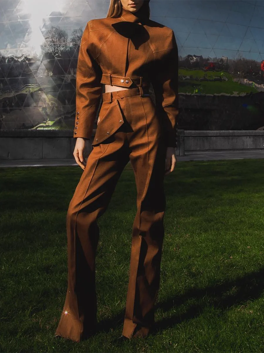 Fashion 2 Piece Set for Women Stand Neck Long Sleeve Spliced Bow Top High Waist Patchwork Button Pant Suit Female Autumn New