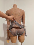 Sexy Sparkling Crystal Bodysuit Long Sleeve See Through Mesh JumpsuitEvening Party Bar Dancer Stage Wear For Female Singer