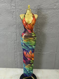 Sophisticated Rainbow Floral Mesh Halter Maxi Dress Rhinestones Bodycon Evening Gala Prom Special Occasions Costume