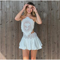 Elegant Lace Women Long Pant Set Square Neck Sheer Ruffle Hem Crop Cami Top High Waist Wide Leg Trousers 2026 Summer Chic Suit