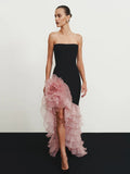 Women'S Sexy Strapless Bandage Slim Long Dress With Floral Decoration Layered Ruffle Edge Patchwork Dress Wedding Party