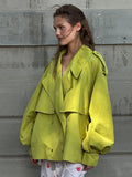Women Short Trench Coat Lapel Collar Belt Waist Cinched Oversized Long Sleeve Windbreaker Jacket Shoulder Epaulets Spring Autumn