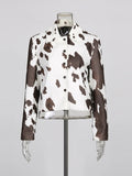 Cow Print Short Slimming Coat for Women Lapel Long Sleeve Patchwork Single Breasted Street Jacket Female Autumn New
