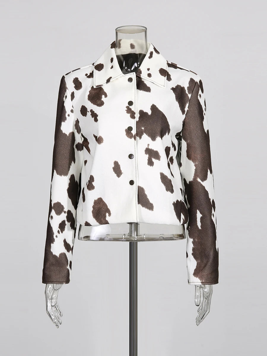 Cow Print Short Slimming Coat for Women Lapel Long Sleeve Patchwork Single Breasted Street Jacket Female Autumn New