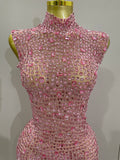 Luxury Sparkly Crystal Diamond Mesh See Through Maxi Long Dress Women Elegant Party Costume Singer Sexy Stage Performance Outfit