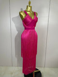 Sexy V-Neck Sleeveless Tassel Bodycon Bandage Dress Women Celebrity Elegant Nightclub Evening Party Birthday Wedding Guest Dress