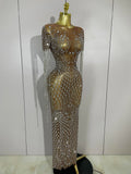 Luxery Sparkly Rhinestones Tassel Transparent Mesh Stretch Long Dress Women Evening Celebrate Birthday Dress Sexy Stage Costumes