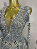 Luxury Birthday Sparkly Diamonds Sequin Tassels Long Sleeves Sheer Mini Dress Evening Party Sexy Mesh Nightclub Photo Shoot Wear