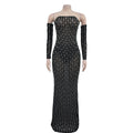Beautiful Rhinestone Sheer Mesh Maxi Dress With Gloves Glam See-Through Diamonds Long One-Piece Dress Birthday Outfits