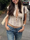 Solid Loose Spliced Hollow Out Shirts for Women Turtleneck Short Sleeve Vacation Casual Shirt Female Summer Fashion