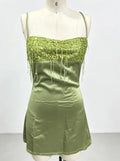 Women Chic Lime Green Satin Slip Skirt Sexy Sequin Fringe Bust Spaghetti Strap Bodycon Mini Dress Summer Party Vacation Wear New