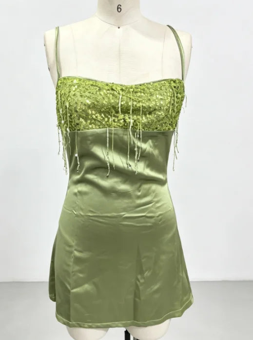 Women Chic Lime Green Satin Slip Skirt Sexy Sequin Fringe Bust Spaghetti Strap Bodycon Mini Dress Summer Party Vacation Wear New