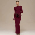 Elegant Style Pencil Dresses for Women O Neck Shoulder Pud Long Sleeve High Waist Pleated Slim Maxi Dress Female