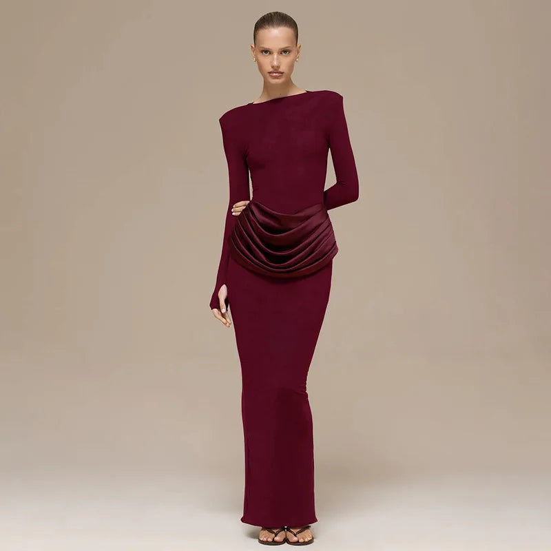 Elegant Style Pencil Dresses for Women O Neck Shoulder Pud Long Sleeve High Waist Pleated Slim Maxi Dress Female