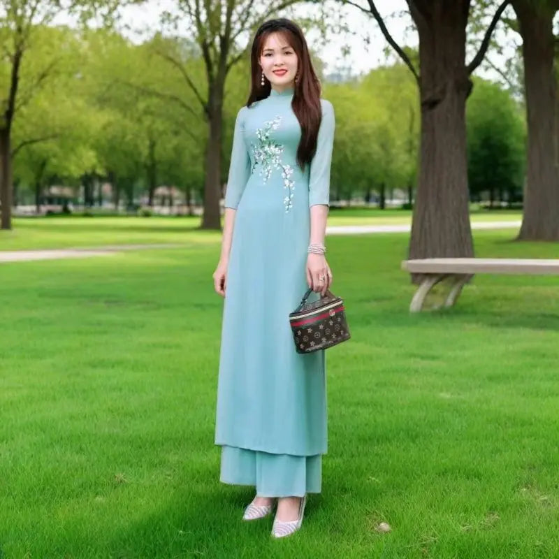 Women Aodai Vietnamese Traditionally Dress Long Qipao Two-piece Wide-leg Pants Cheongsam Aodai Dress Aodai Vetnam Clothing