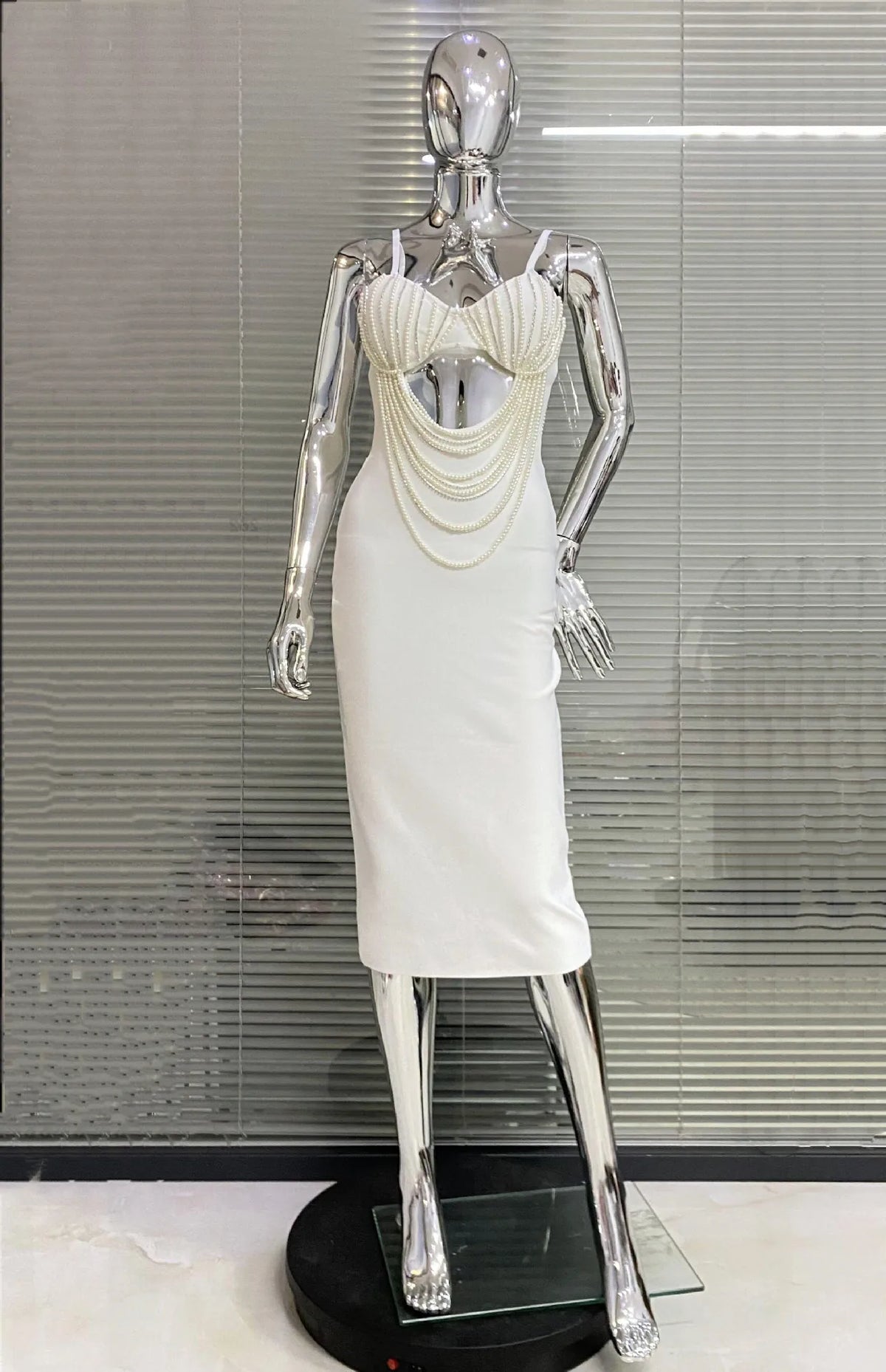 Gorgeous Pearl Glam Hollow Suspender Dress Elegant Temperament Bandage Evening Dress Performance Wear Cocktail Party Formal Gown
