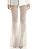 Elegant Beaded pearls blazer pants set Suits women flower white slim blazer +Sexy Mesh See Through sequin Trousers two-piece set