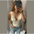 Sexy Satin Lace Patchwork Bodysuit Women V-neck Backless Sleeveless Solid Slim Fit Top 2026 Summer New Fashion Street Clothing