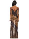 Mesh Patchwork Mermaid Dress Women Leopard Print Sexy Low-Neck Cleavage Backless Ruched Midnight Fashion Long Bodycon