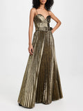 Gold Pleated Maxi Gala Dresses for Women Sleeveless High Waist Patchwork Sashes Spaghetti Strap Luxury Runway Dress Female