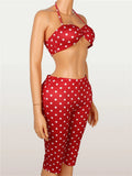 Wild Vacation 2 Piece Set Women Polka Dot Print Halter Tank Tops+Bike Shorts Stretch Matching Street Party Outfits