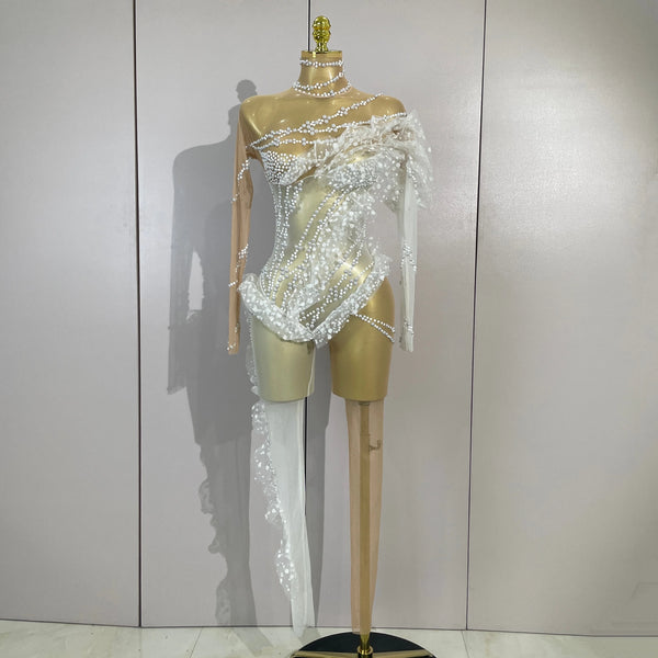 Women Eveing Birthday Party NightClub Dancer Stage Show Costumes Elegant White Pearl Long Sleeves Sexy Mesh See Through Jumpsuit