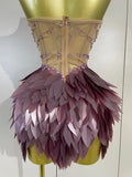 Sparkly Diamonds Leaf Sexy Mesh See Through Strapless Bodycon Dress Luxury Birthday Evening Party Outfit Nightclub Stage Costume