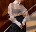 Solid Loose Fashion Blouse for Women Stand Neck Long Sleeves Patchwork Sheer Elegant T Shirts Female Clothing New